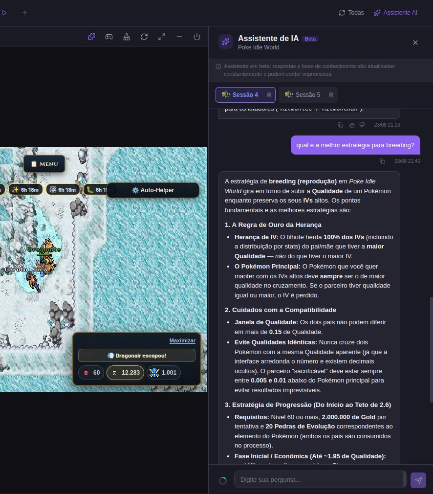 Painel do Assistente de IA no Idle Launcher respondendo sobre estratégia de breeding, com um pedaço da sessão de Poke Idle World rodando ao lado