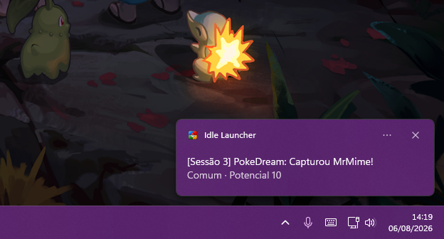 Notificação do Idle Launcher no Windows: Sessão 3, PokeDream, capturou um MrMime Comum com Potencial 10