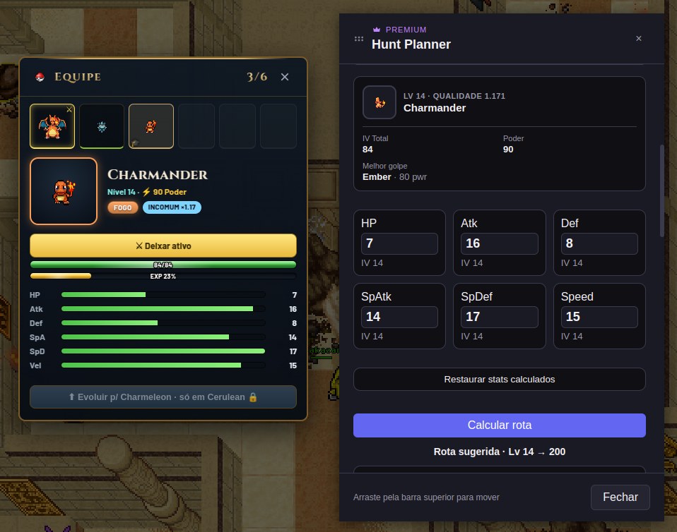 Addon Hunt Planner calculando a rota de caçada e os stats de um Charmander no Poke Idle World